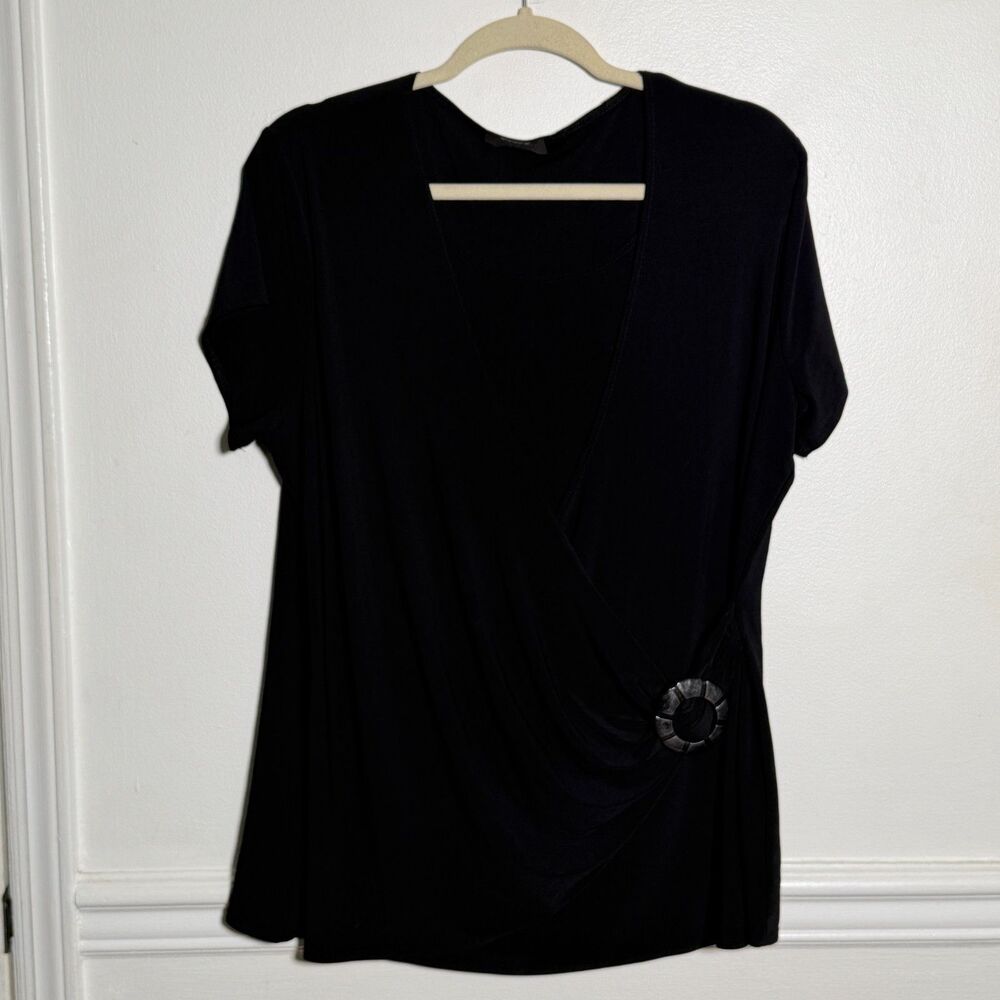 Rachael Rachel Plus 2X Black Draped Buckle Tunic Top Made USA Stretch